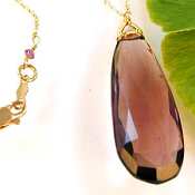 Plum Quartz pendant on long fine chain Necklace